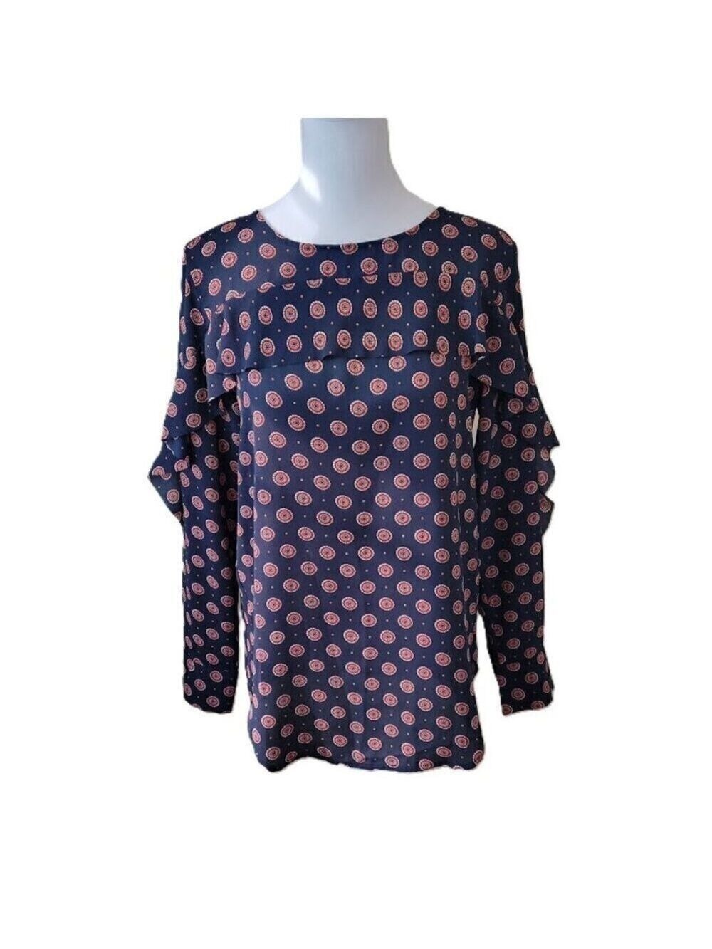 Banana Republic Blouse Blue W/ Red Geometric Design Long Sleeve Top Womens SZ XS